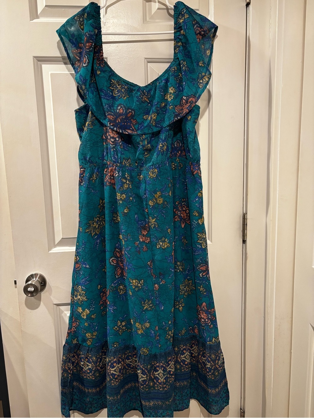 Maurices Teal Floral Maxi Dress with Ruffle Neckline